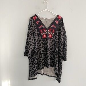 Honeyme Curvy Gray Leopard Print Blouse with Floral Embroidery